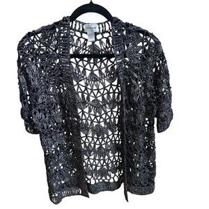 Chico's Women's Navy Blue & White Weave Cardigan Sz M -Chico's Sz 1